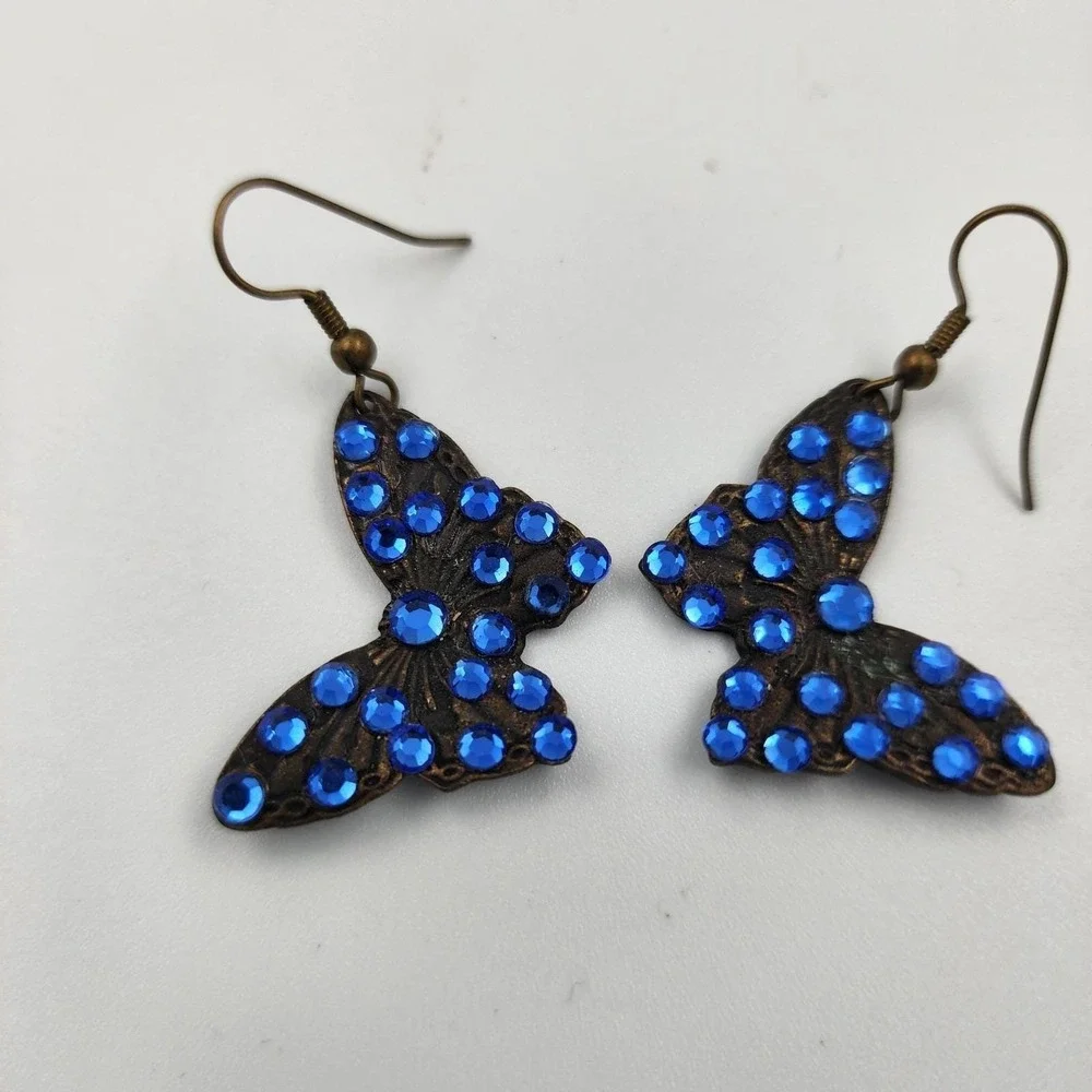 Vintage Butterfly Earrings Blue Rhinestones‎ Pierced Earrings