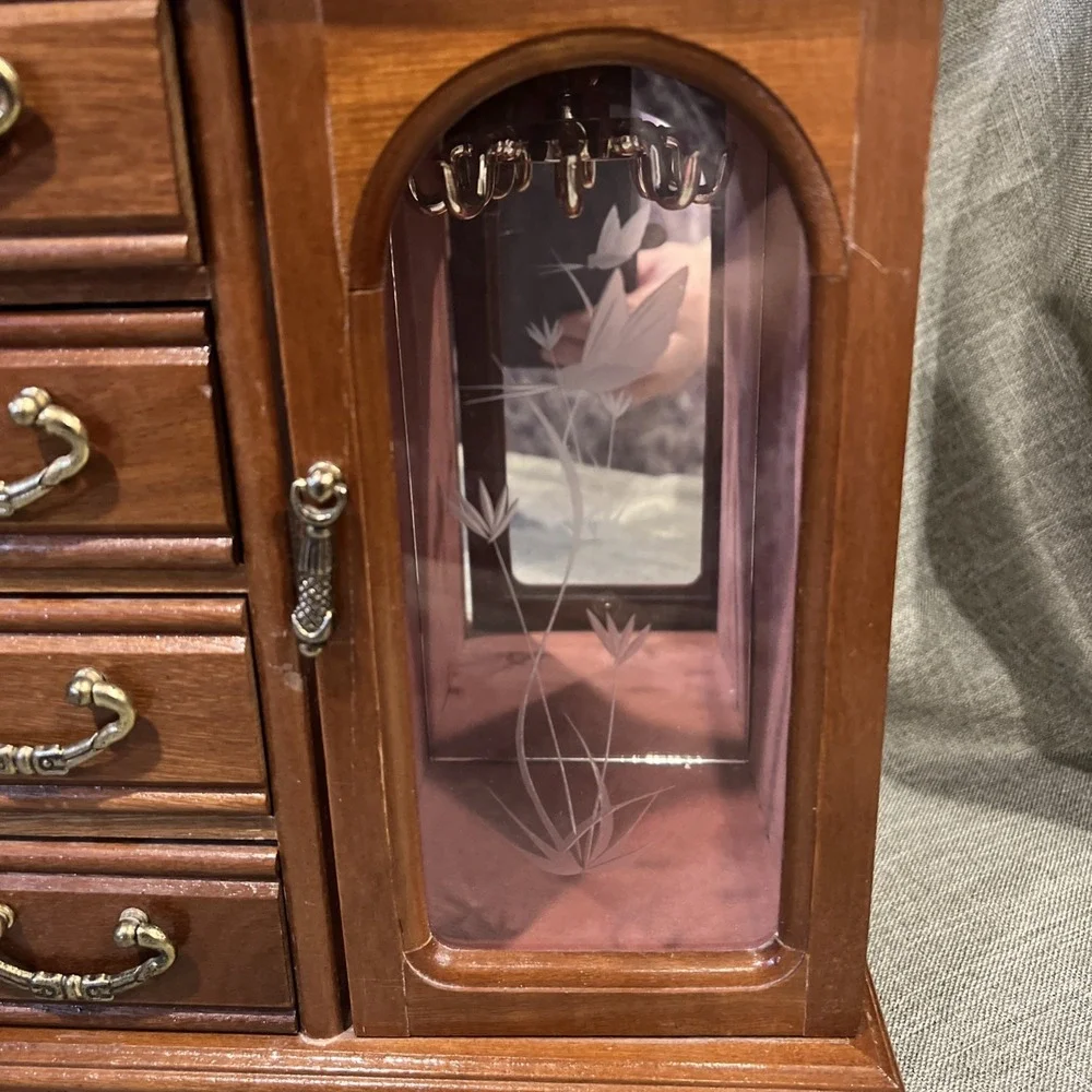 Vtg‎ 1987 Wooden Jewelry Box Cabinet 4 Drawers Etched Glass Lift Top Organizer