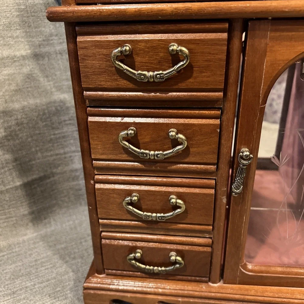 Vtg‎ 1987 Wooden Jewelry Box Cabinet 4 Drawers Etched Glass Lift Top Organizer