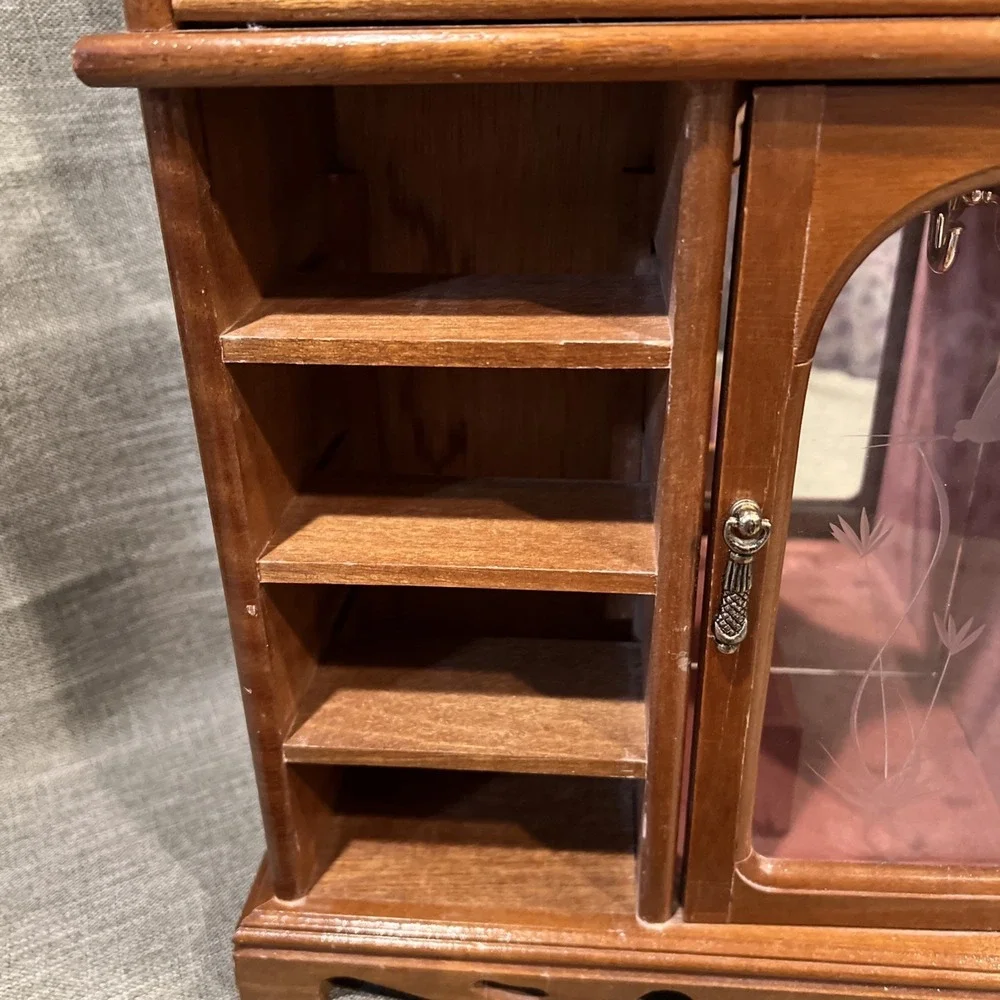 Vtg‎ 1987 Wooden Jewelry Box Cabinet 4 Drawers Etched Glass Lift Top Organizer