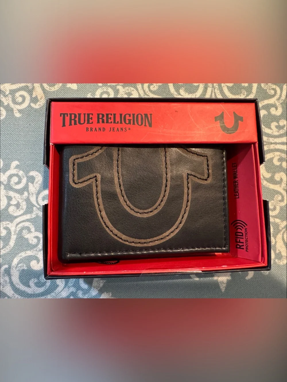 True Religion Black Leather Wallet with Contrast Stitching