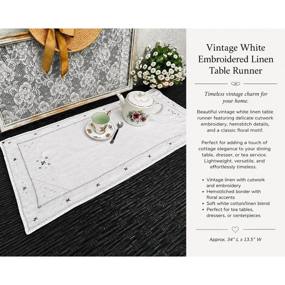 Vintage White Cutwork Eyelet Embroidered Table Runner, Linen 34