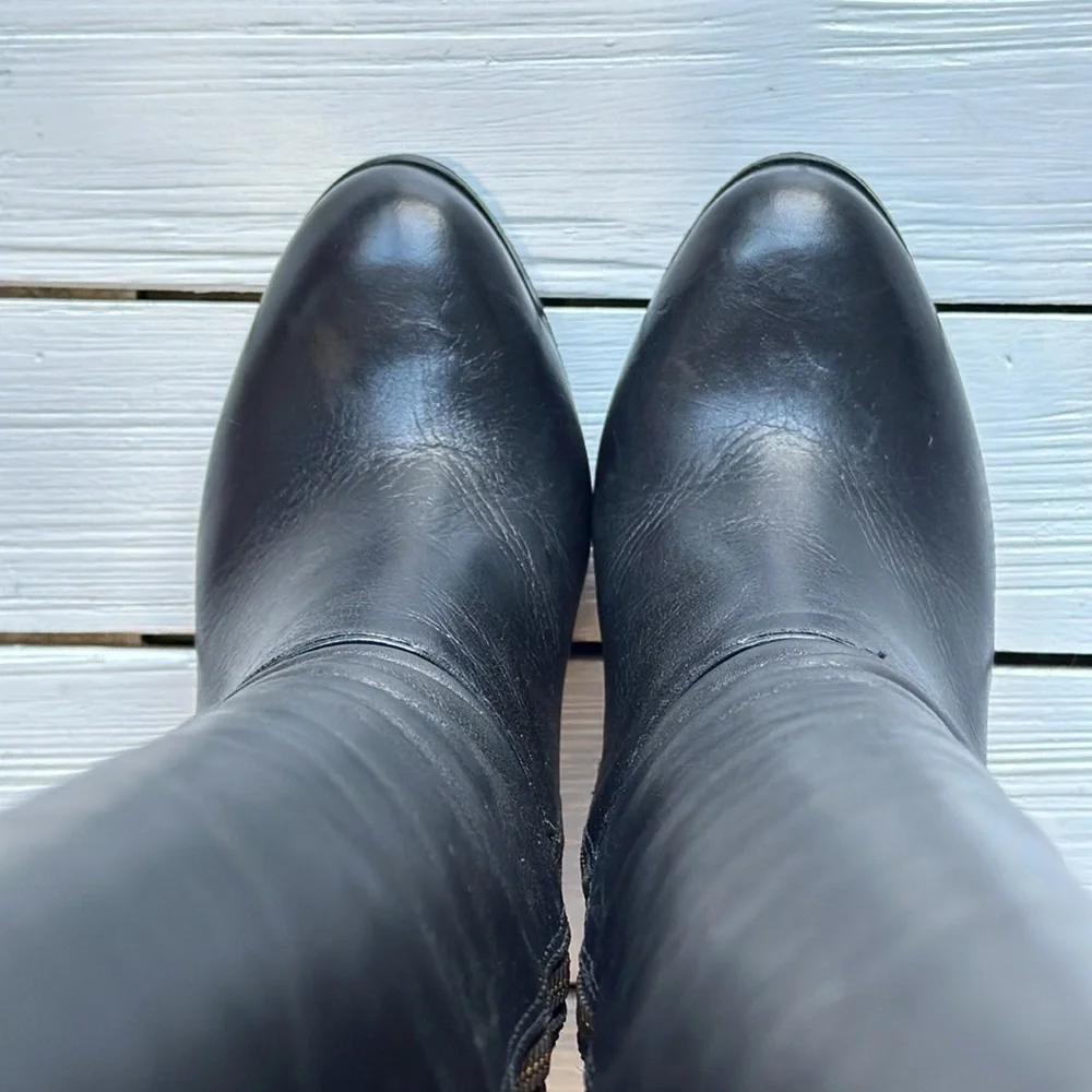 Tory Burch Black Tall Kasey Heeled Smooth Leather Boots Logo size 5.5