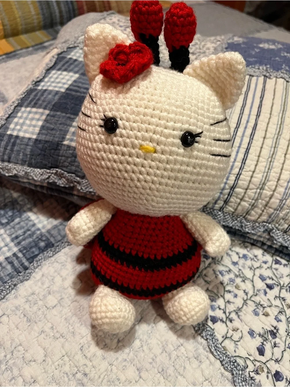 Handmade White & Red Crocheted Cat Toy for Cats