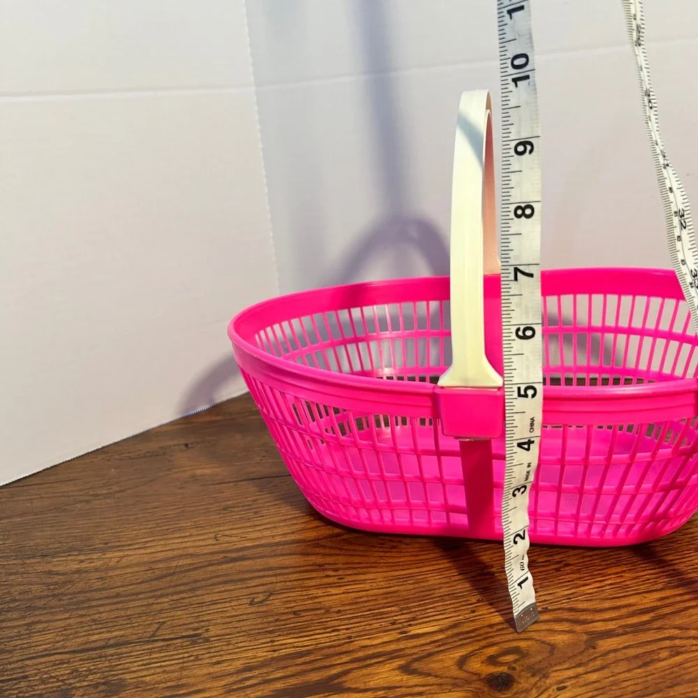 Vintage Neon Hot Pink‎ Plastic Easter Basket with Cream Handle 12.5 Inch