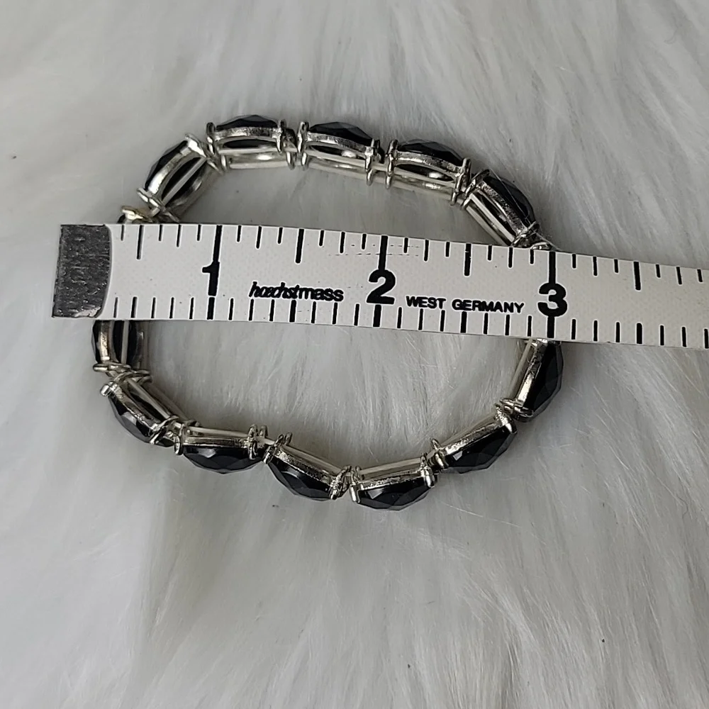 BLACK Silver Tone Faux‎ Stone Beaded Stretch Elastic Bundle of 2 Glam Bracelets