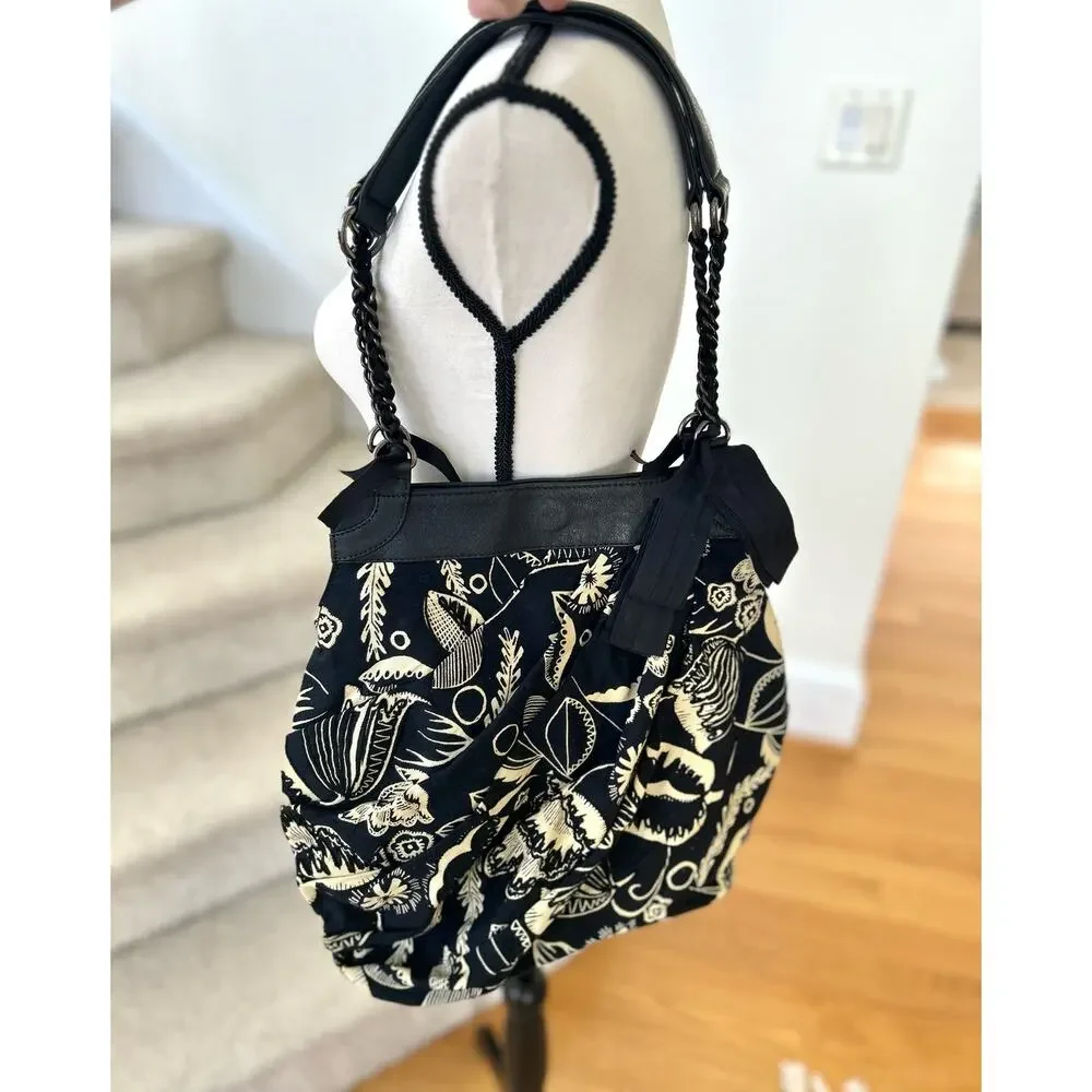 Lucky Penny Anthropologie Black & Cream Embroidered Floral Hobo