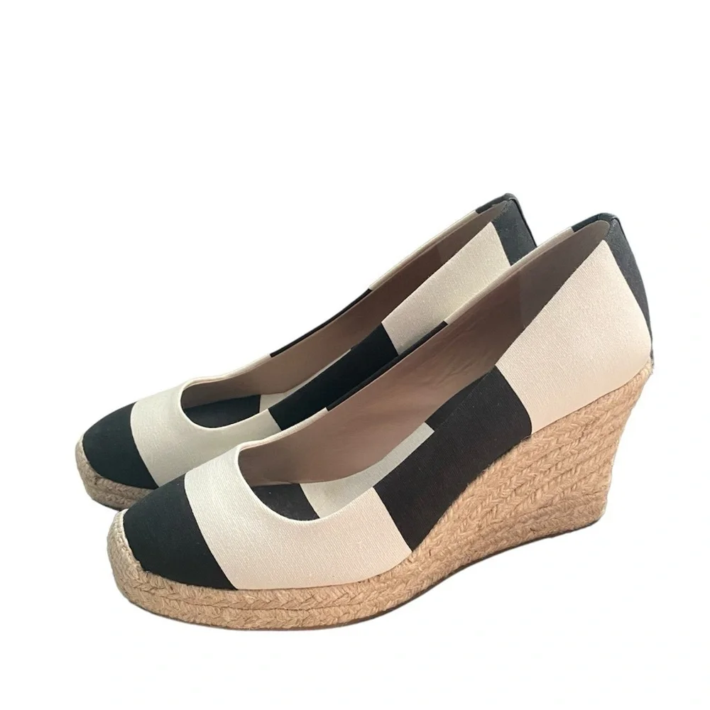 J. Crew New Seville Black White Stripe Canvas Wedge Espadrilles Women’s 9 NIB