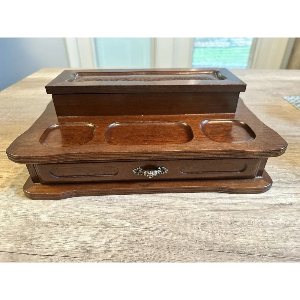 Vintage Wooden Valet Jewelry Box Ring Organizer W/ Drawer Tray London Leather