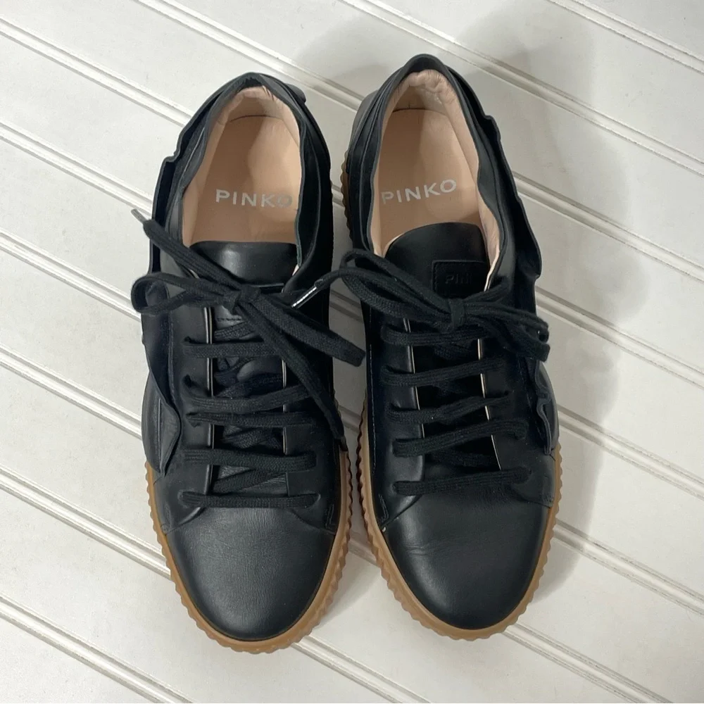 Pinko Francese Platform Sneaker Black Leather Women's Sz 37 635