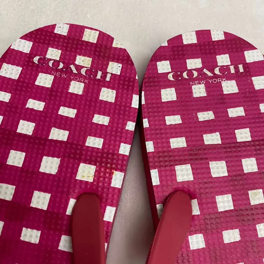 Coachs Women's Pink Plaid Bow Accented Flip Flop Sandals Gingham Sz 9
