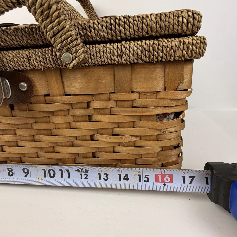 Vintage Woven Wicker Picnic Basket Floral Lined Cottagecore Boho Hamper