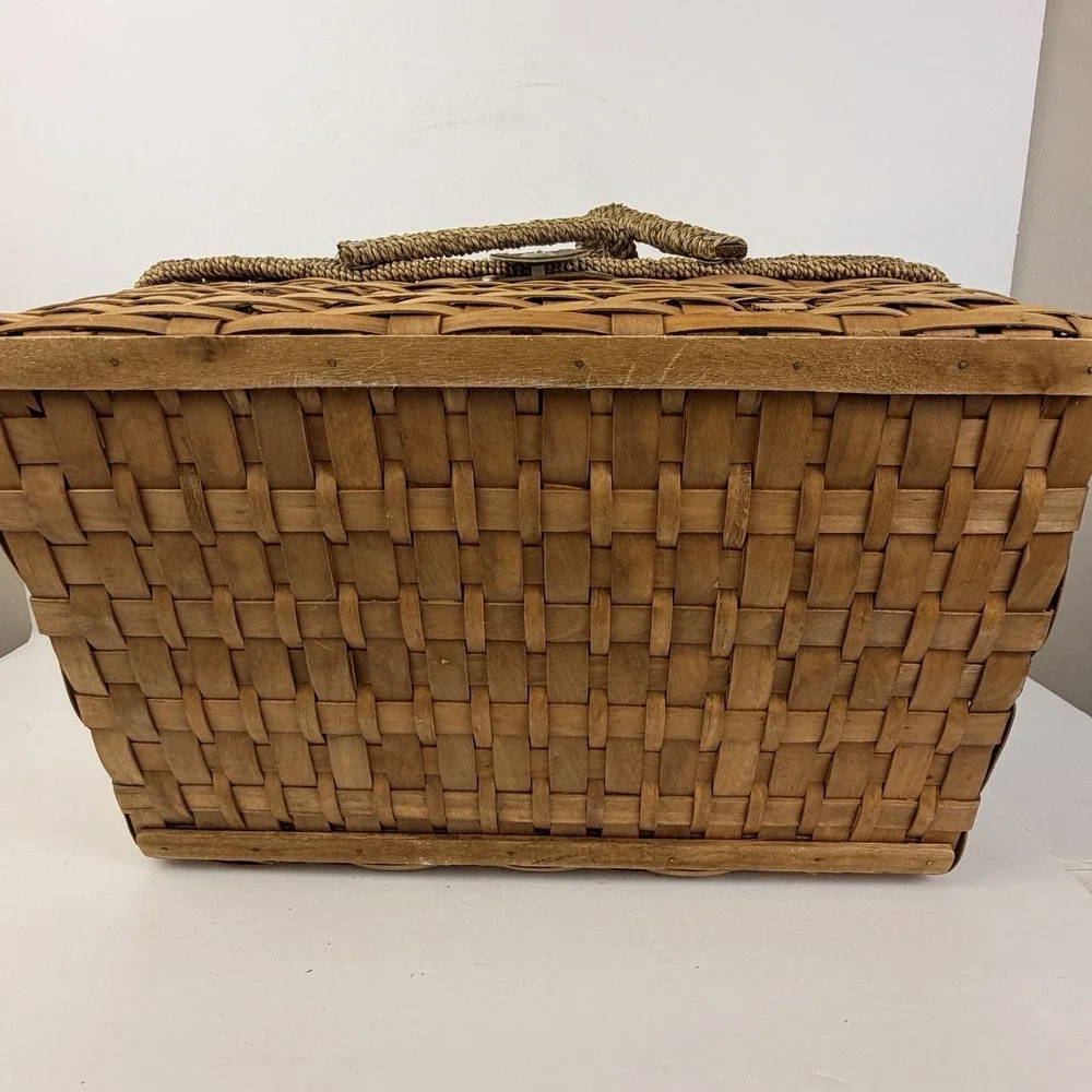 Vintage Woven Wicker Picnic Basket Floral Lined Cottagecore Boho Hamper