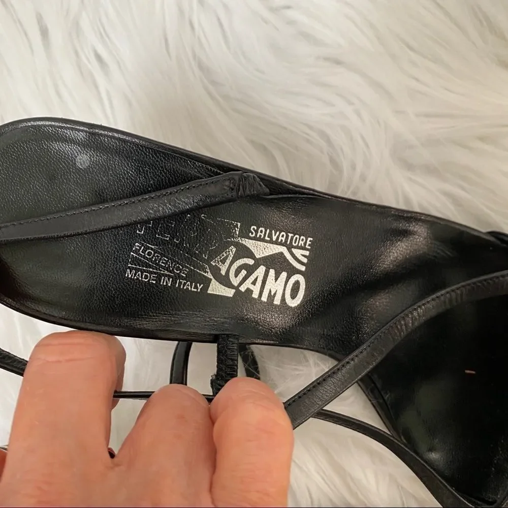Salvatore Ferragamo black leather slingback striped heels sandal 7.5
