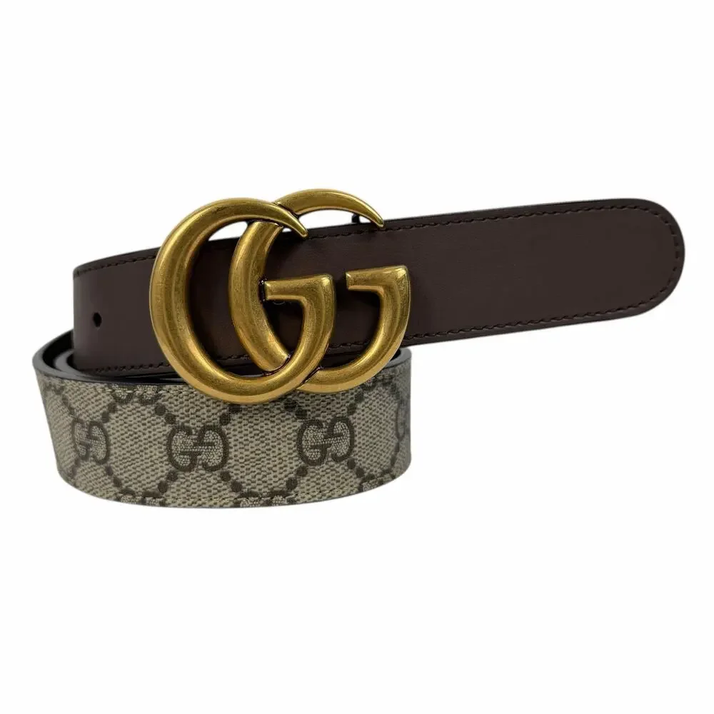 Gucci Canvas Monogram GG Buckle Supreme Leather Belt Brown Size 85cm/34