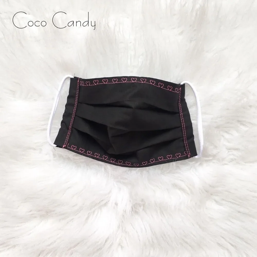 🆕Embroidered Pink Heart Black Fabric Reusable Face Mask