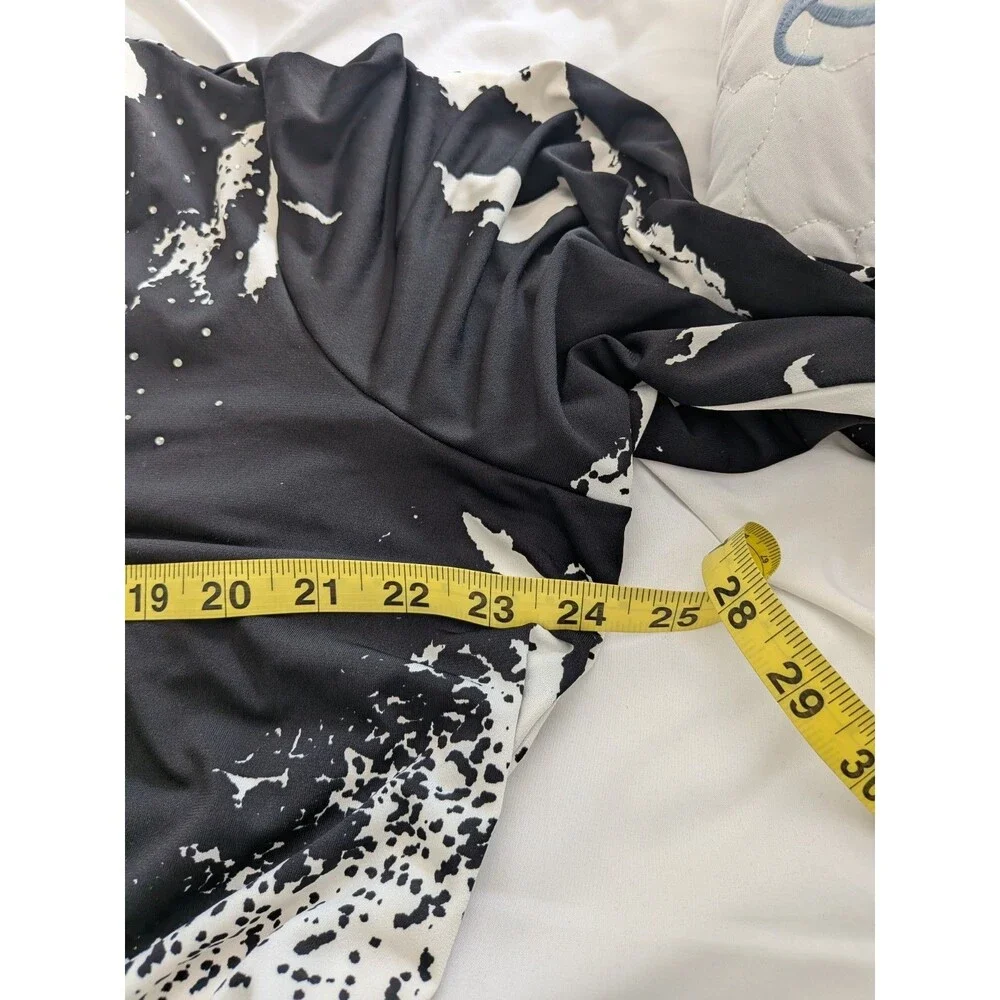 Vivica A. Fox Jumpsuit Women 1X Black Wht Bell-Slv Abstract Splatter Art To Wear