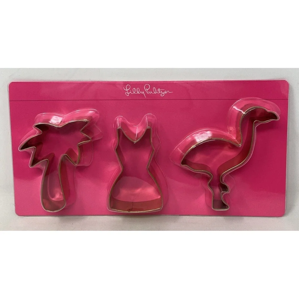 Lilly‎ Pulitzer Set of 3 Cookie Cutters Gold Metallic Flamingo Palm Tree Dress