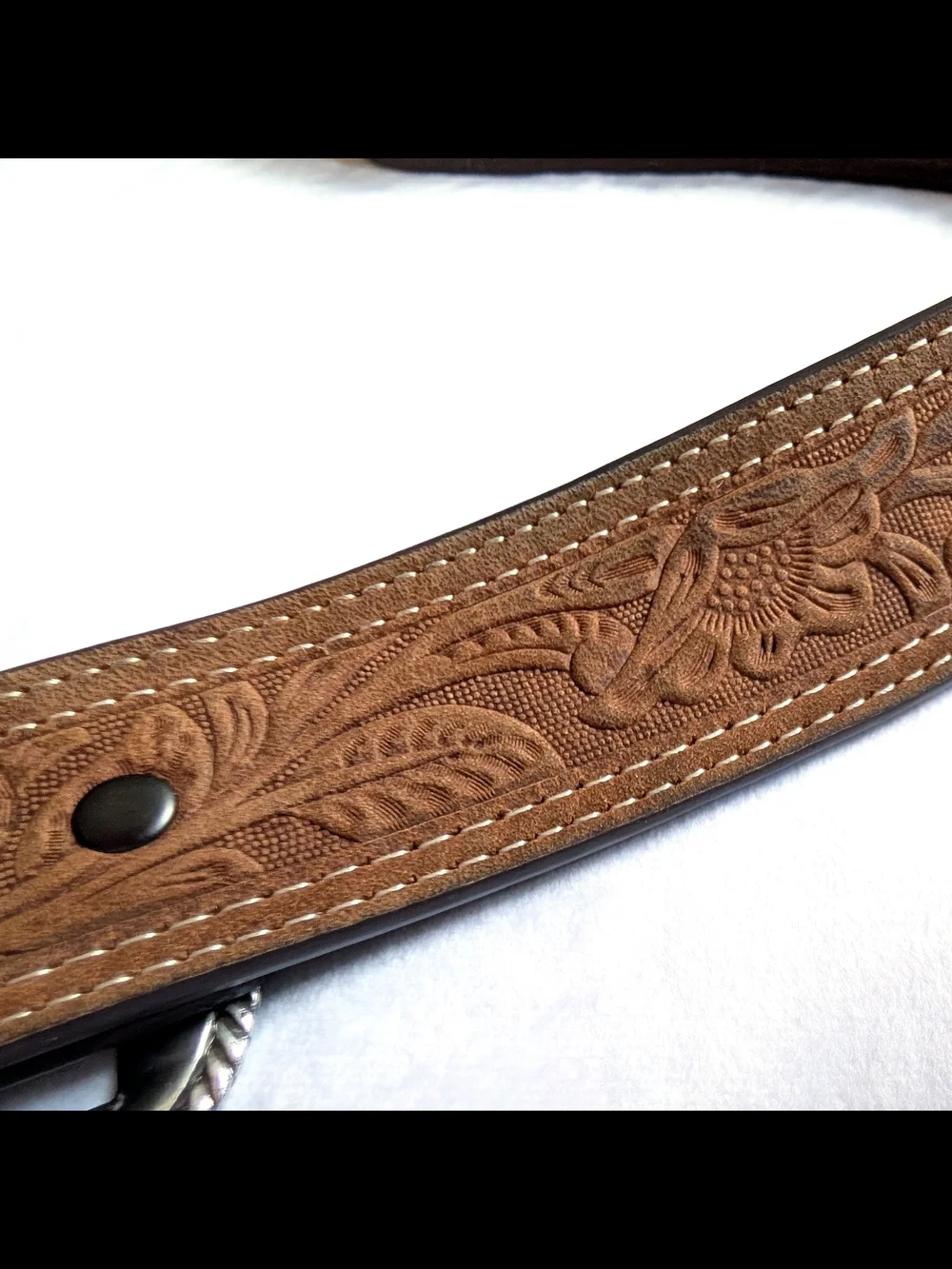 Mens Ariat Leather Floral Embossed Belt 2007 Silver Buckle Western Brown