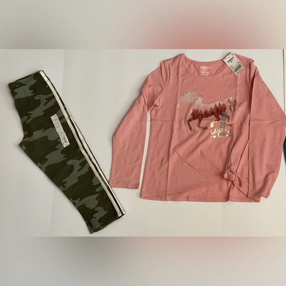 Girls OshKosh Pink Horse Top Tee Camo Capri‎ Pants Size 10 New