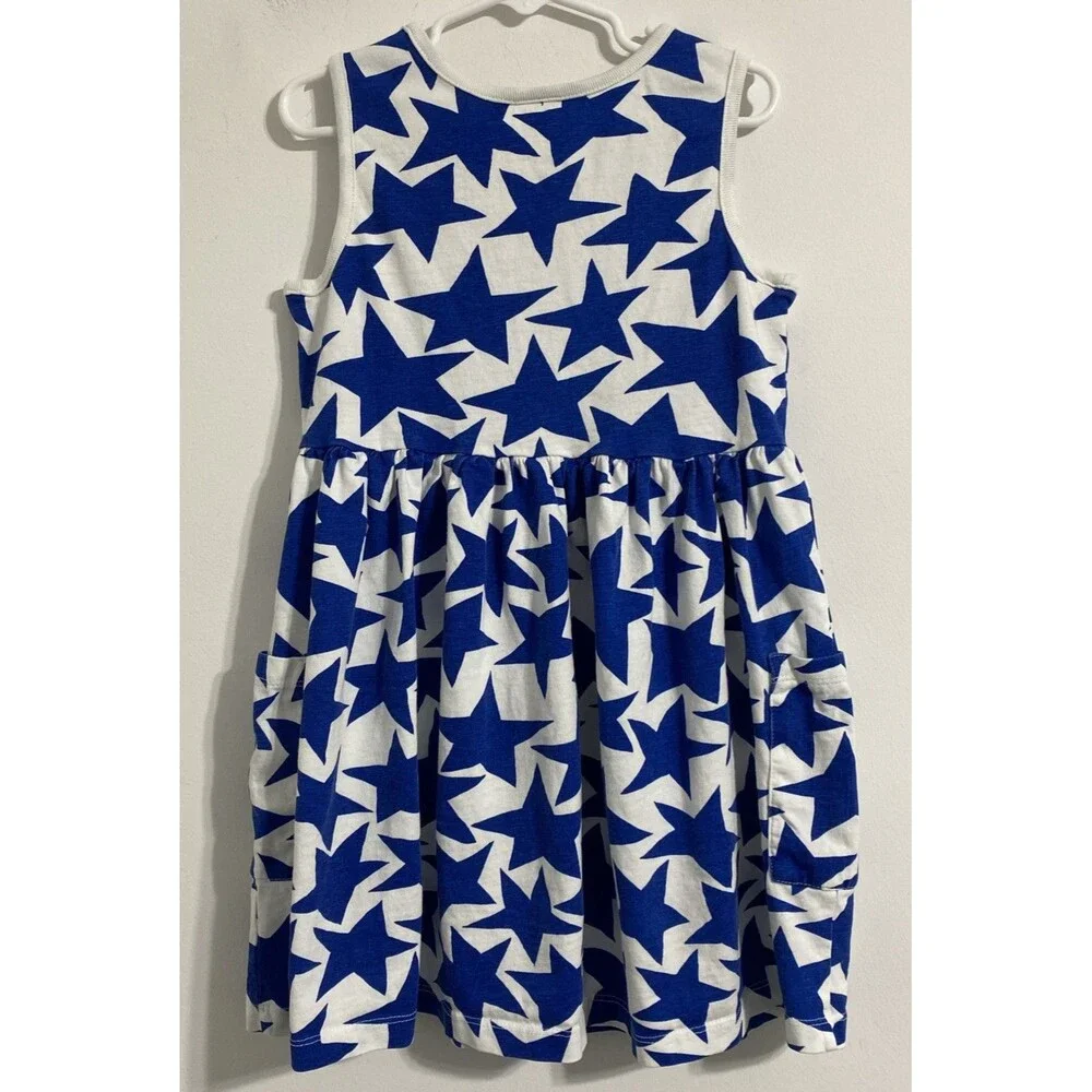 Hanna Andersson Dress Girl's 120 6 - 7 Blue White Stars Sleeveless Pocket Cotton