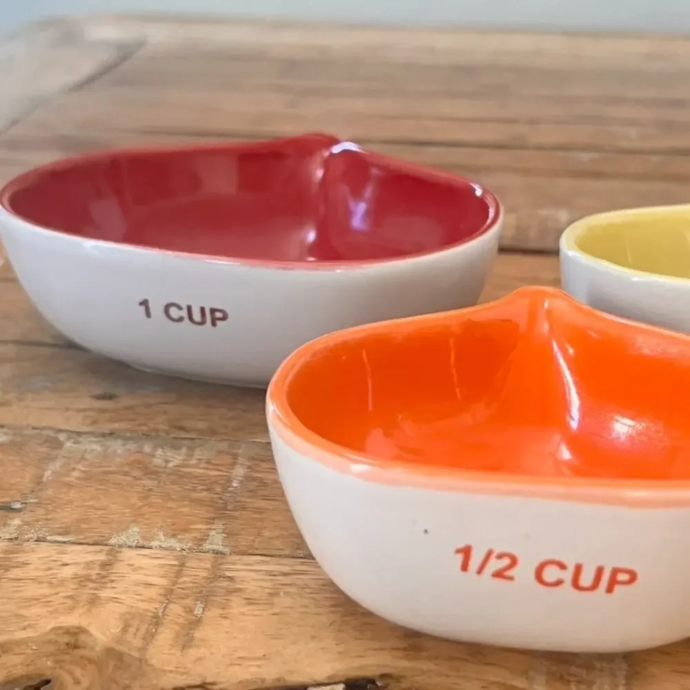 West Elm Set of 3 Ceramic Measuring Cups Red Yellow Orange 1 1/2 1/3 Cup