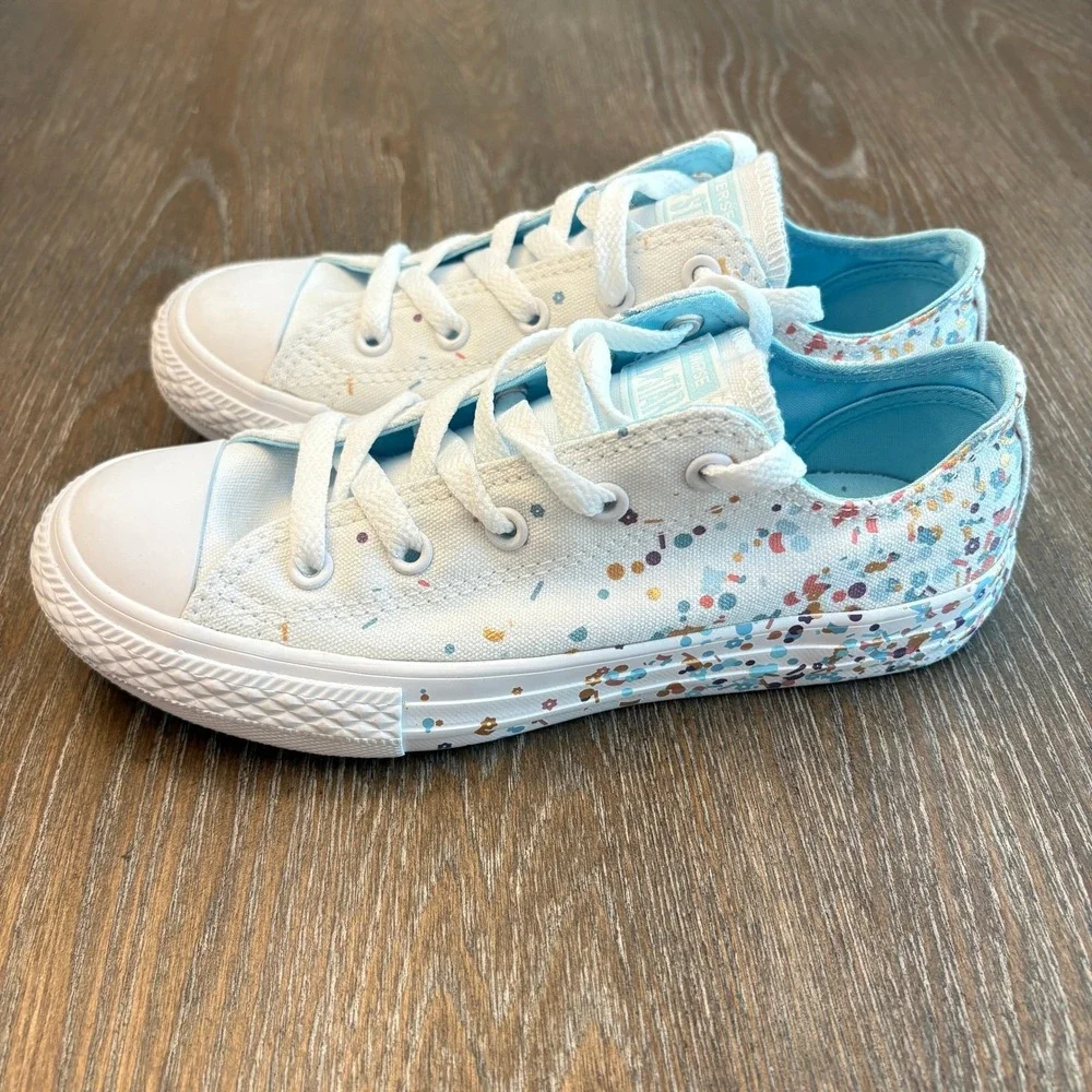 Converse Junior Size 2 All‎ Star Low Top Confetti Sneakers White Cyan