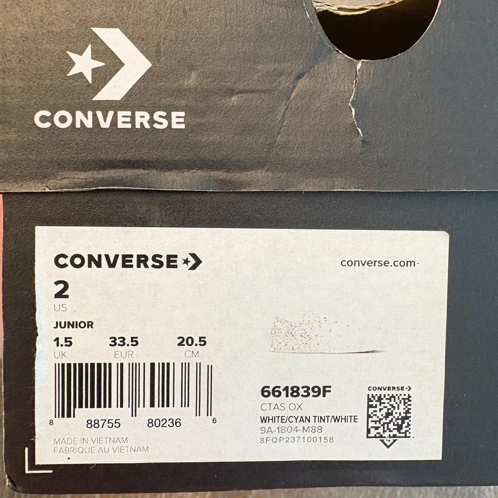 Converse Junior Size 2 All‎ Star Low Top Confetti Sneakers White Cyan