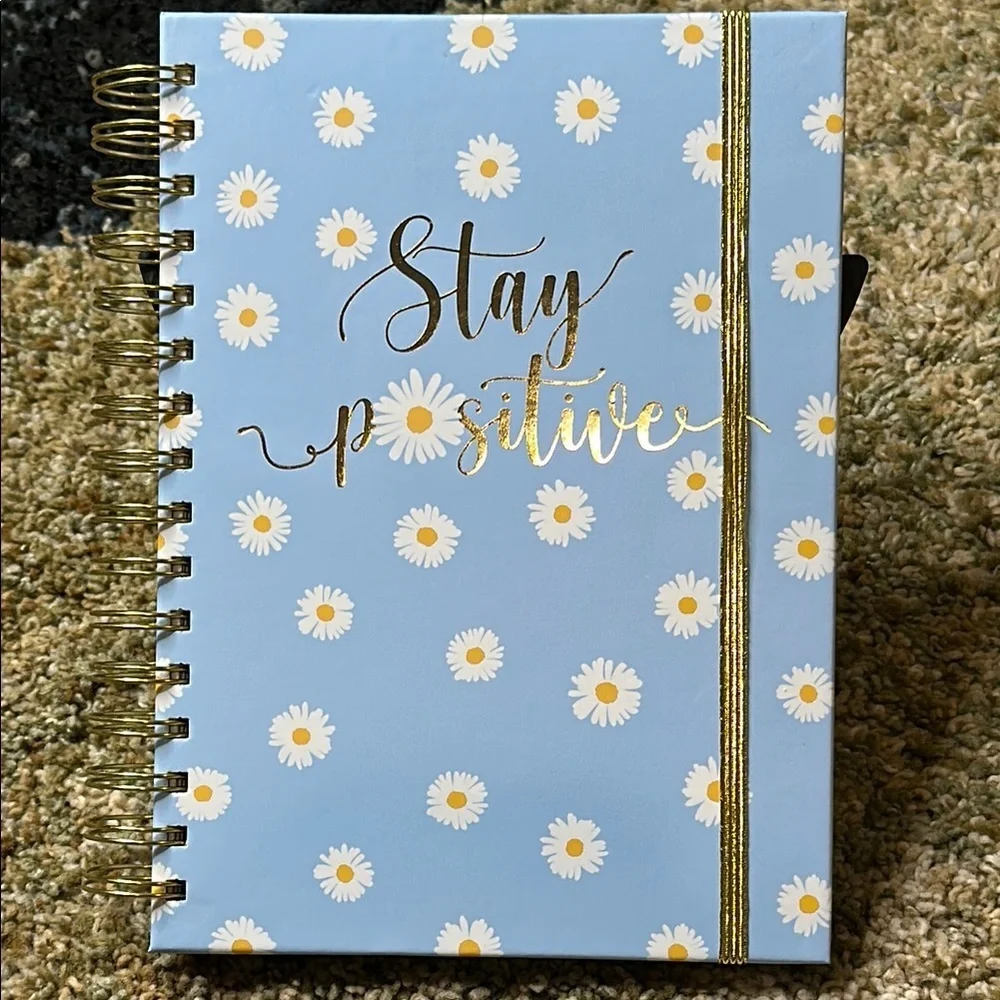 Paper Studio STAY POSITIVE Daisy Spiral Notebook Journal in Blue White Gold NWT