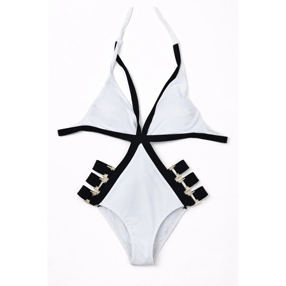 MOEVA LONDON‎ White Black Halter One Piece Swimsuit Buckle Cutout Size S