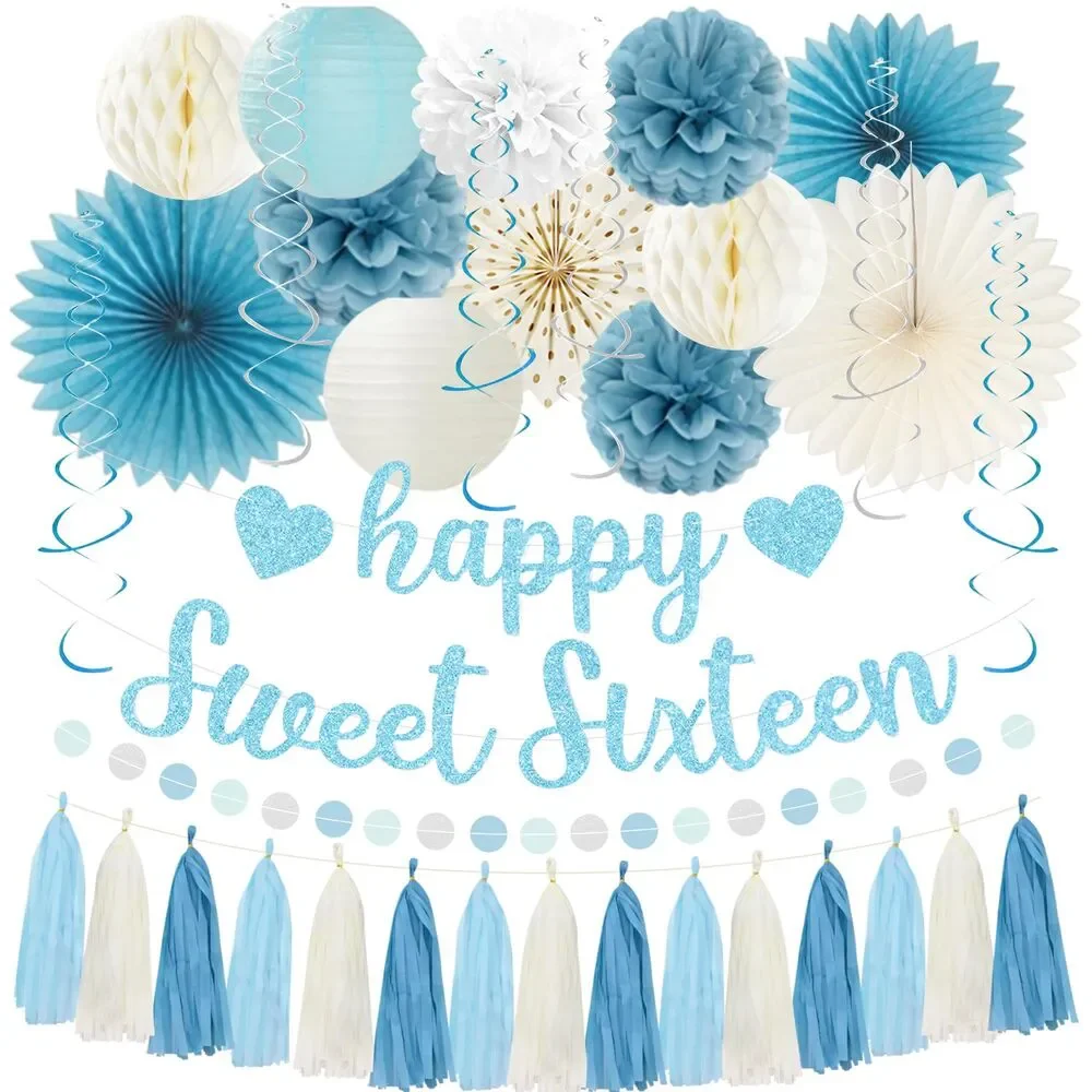 16th Birthday Decorations (Light Blue Glitter) Kit with decor