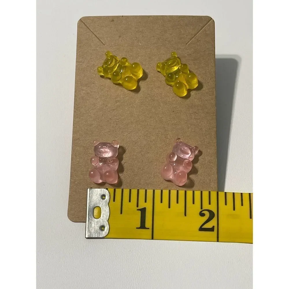 Gummy Bear Acrylic Stud Earrings‎ Pink Yellow Statement Novelty Fashion Set New