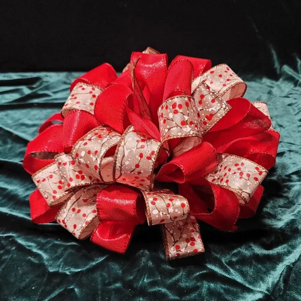 Snowy Red Berry and Red Ribbon‎ 44 Loop Bow Tree Topper