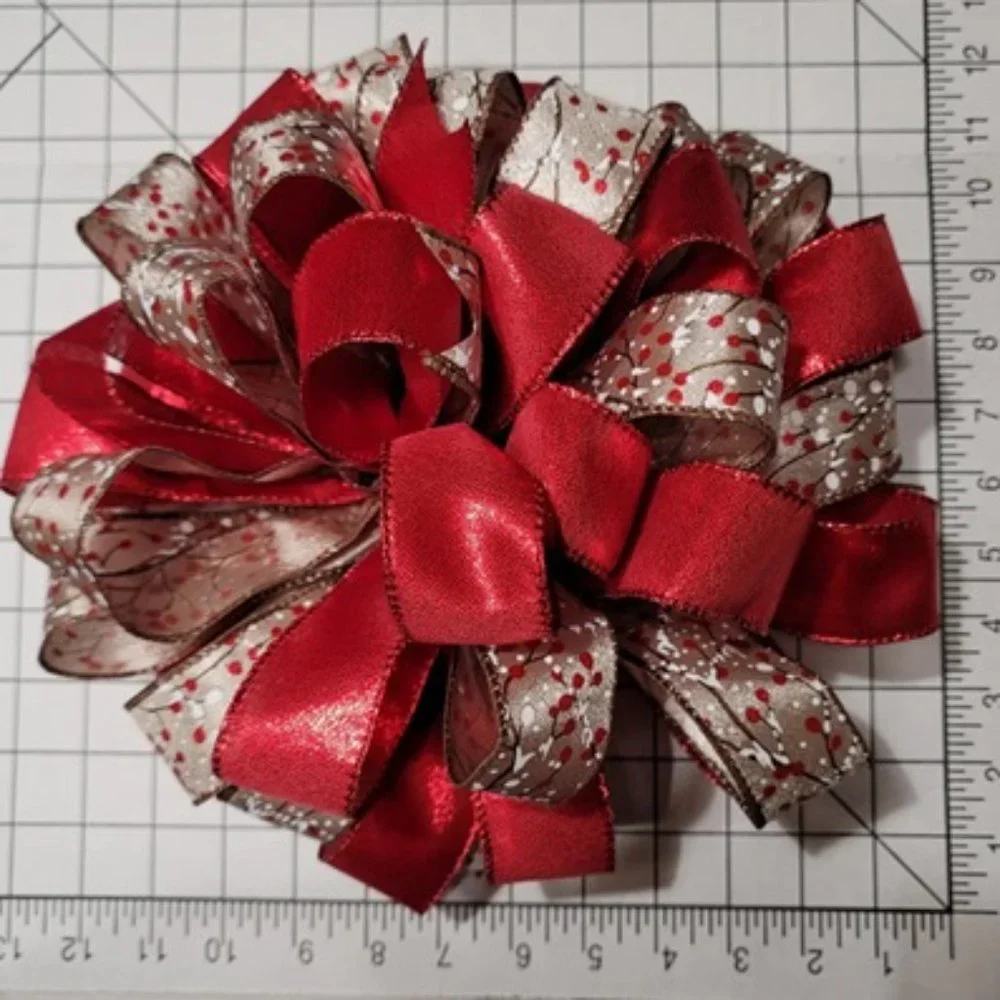 Snowy Red Berry and Red Ribbon‎ 44 Loop Bow Tree Topper
