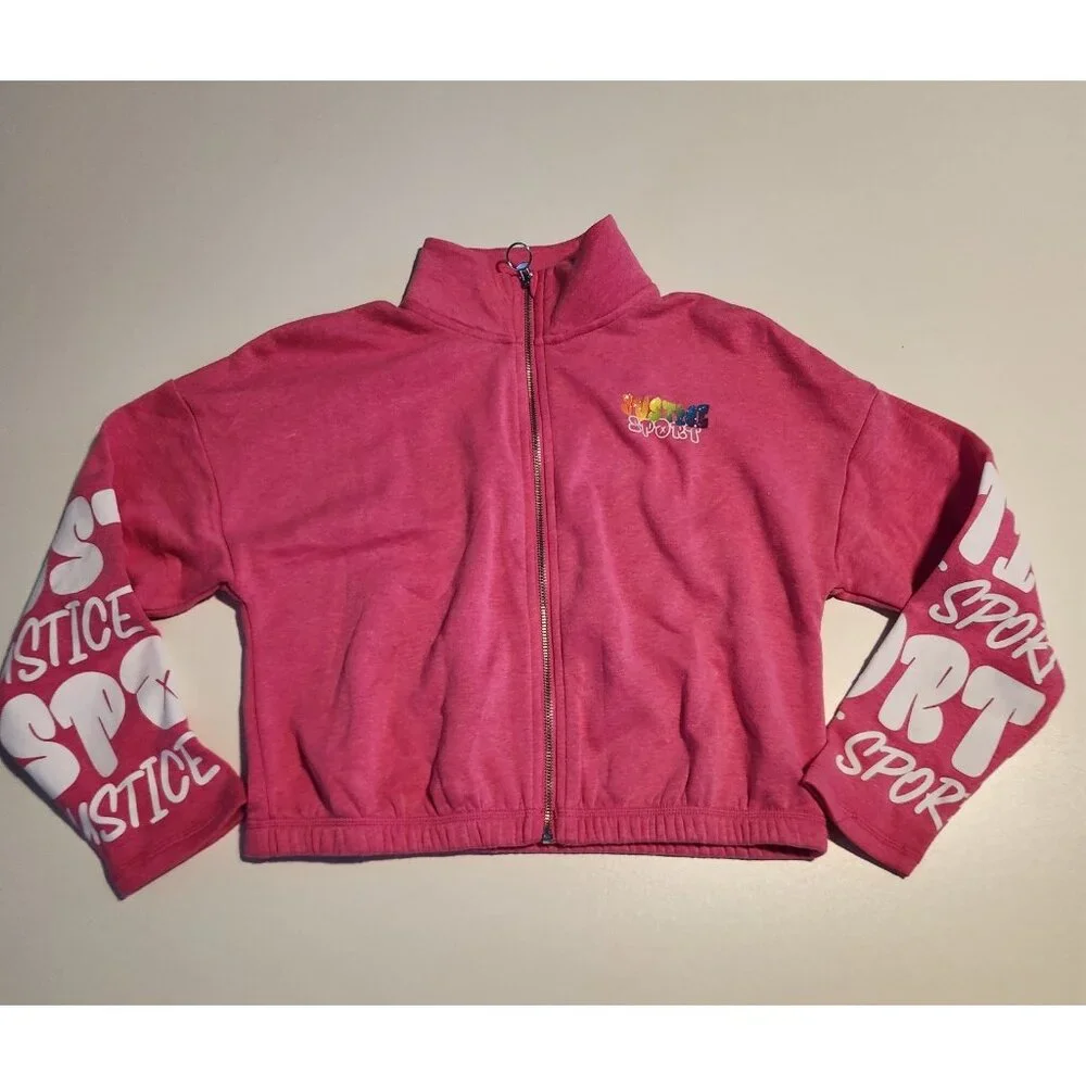 Justice Sport Girls Pink Zip Up Sweatshirt Sweat Shirt Rainbow Logo‎ NEW NWT