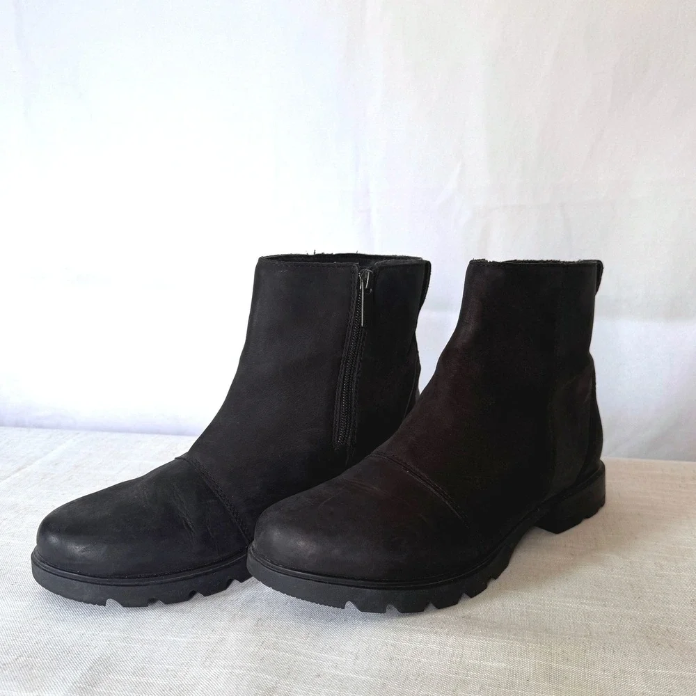 Sorel Emelie III Zip Waterproof Leather Ankle Boots Black Lug Sole Chelsea