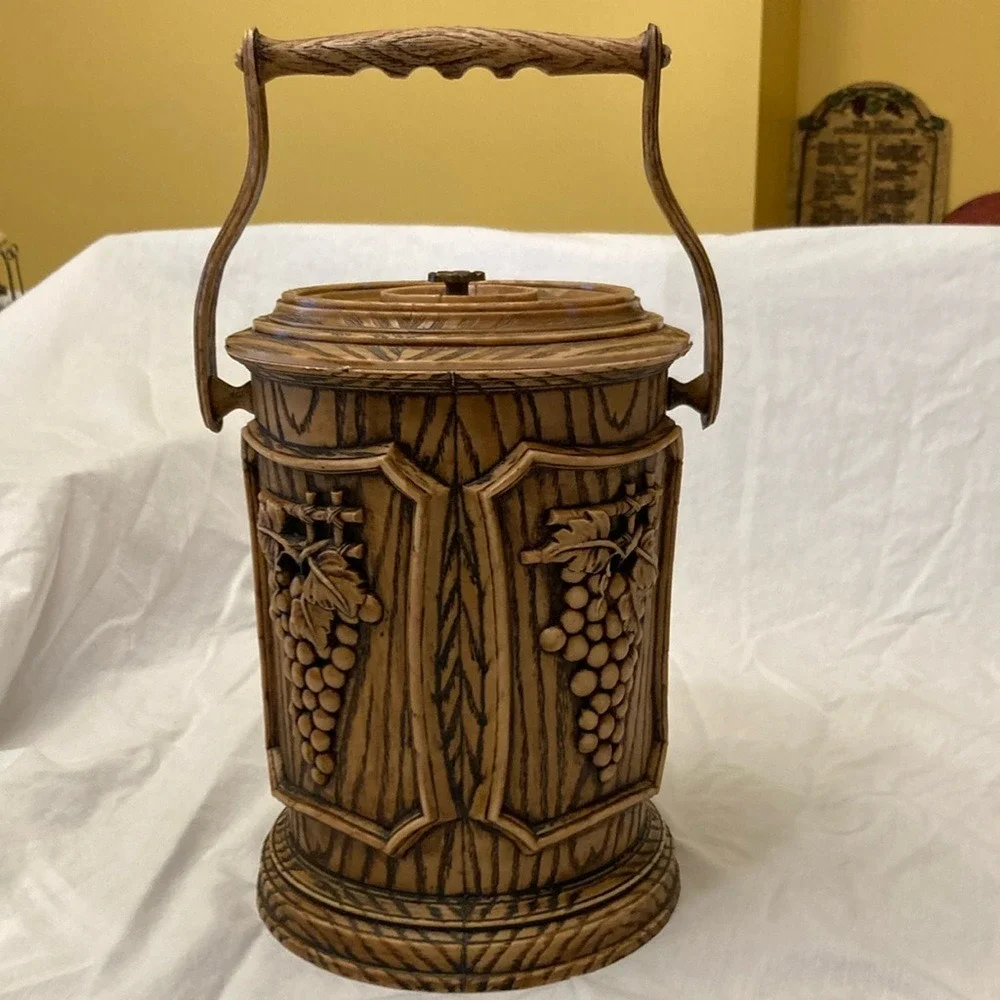 Vintage Carved Wood Effect Ice Bucket Wine Cooler with Lid Handle