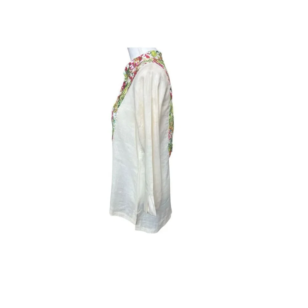 Boho Chic 100% Linen Floral Panel Tunic, Size S, Made in USA