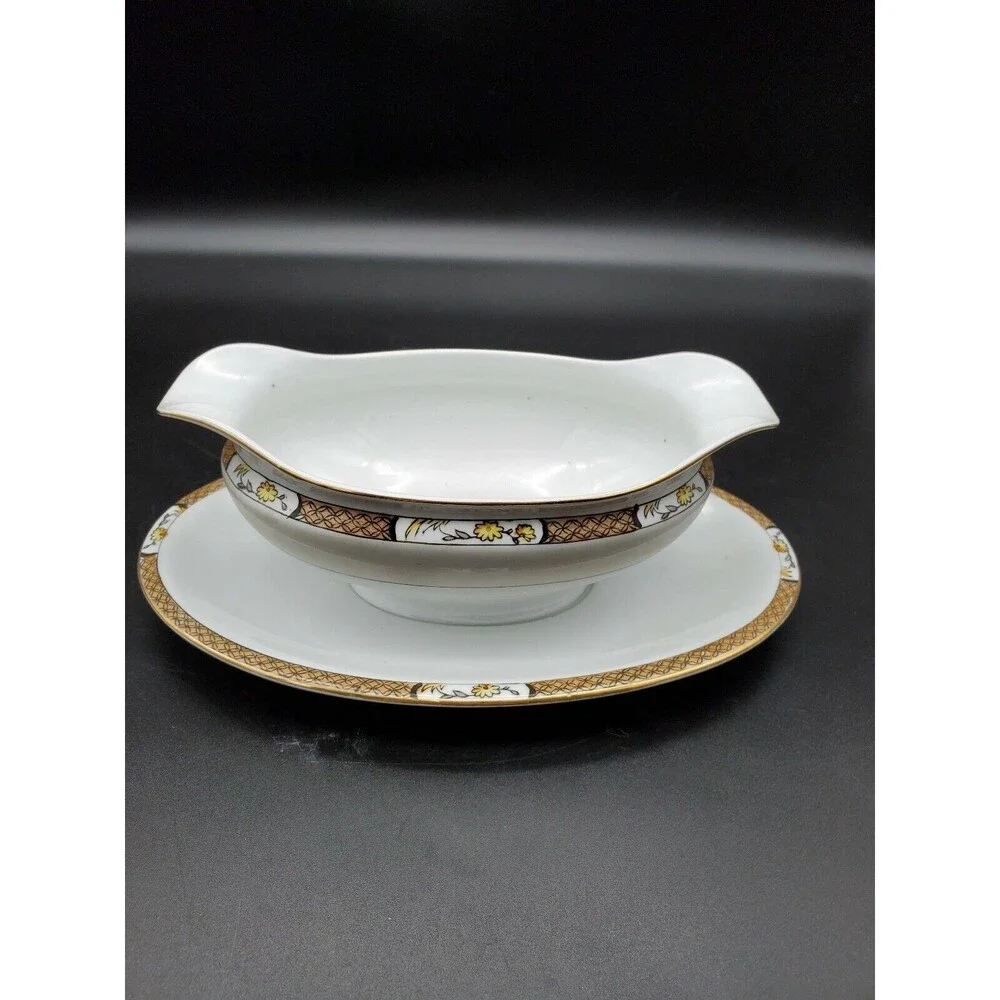 Noritake Gravy Boat Under Plate Japan Geometric Band Florals with Gold 1918