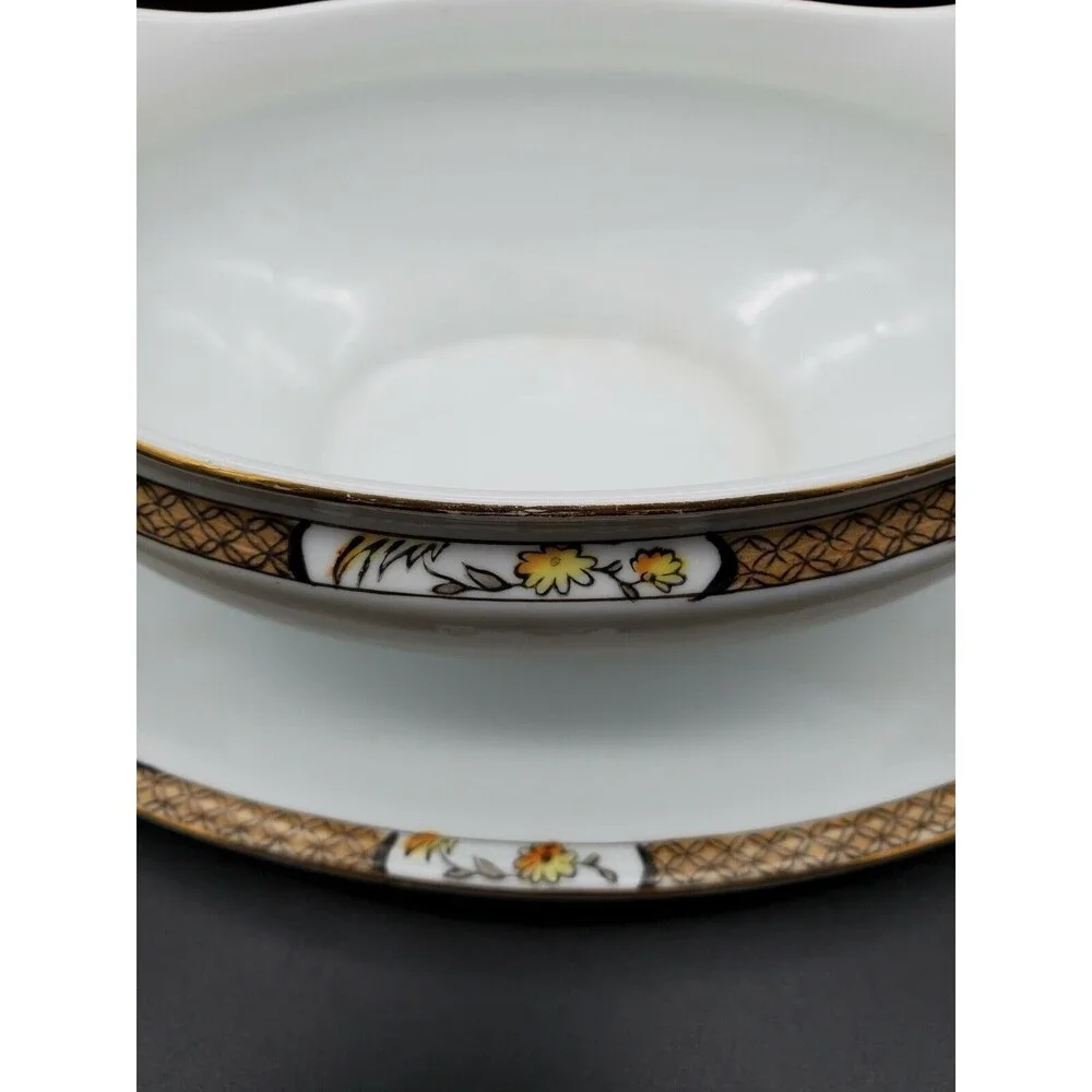 Noritake Gravy Boat Under Plate Japan Geometric Band Florals with Gold 1918