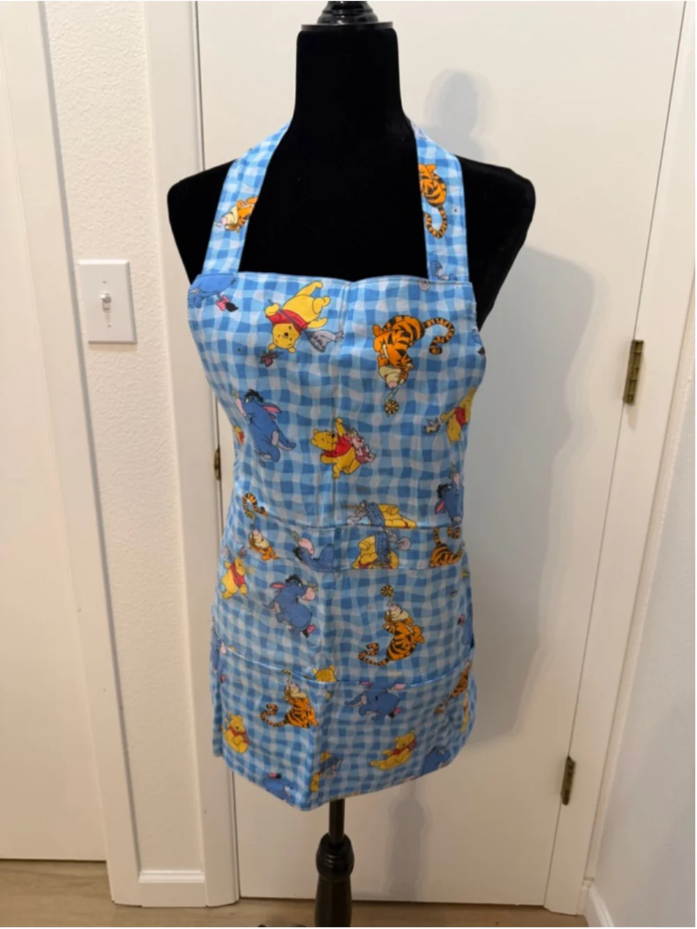 Handmade Winnie The Pooh Apron Disney Tigger Eeyore Blue Gingham Cooking Apron N