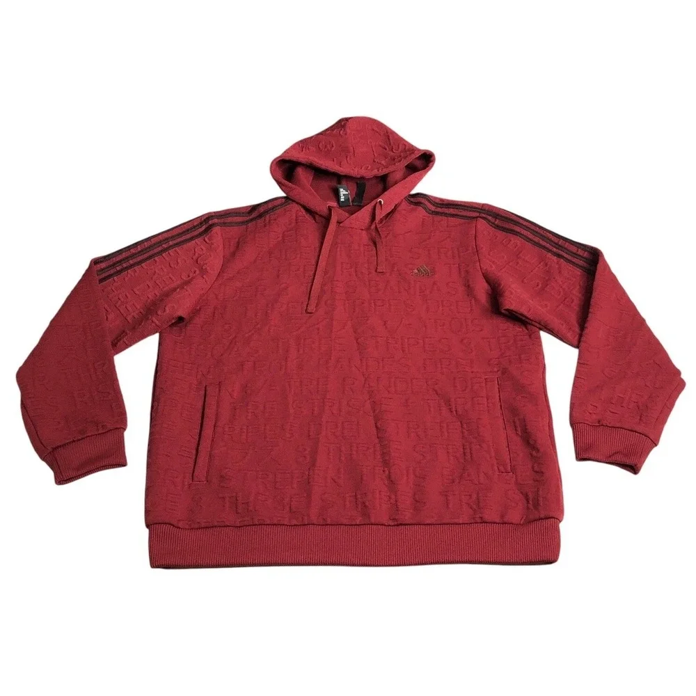 Adidas Hoodie Sweatshirt Mens XL Red Maroon 3 Stripe Embossed Pockets Pullover