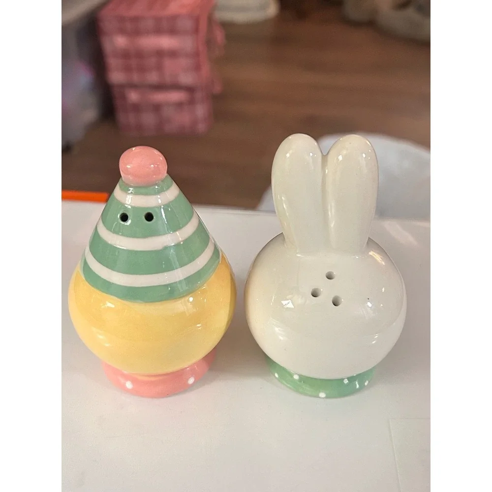Johanna Parker Easter Bunny and Chick Ceramic Salt and Pepper Shaker Set Pastel