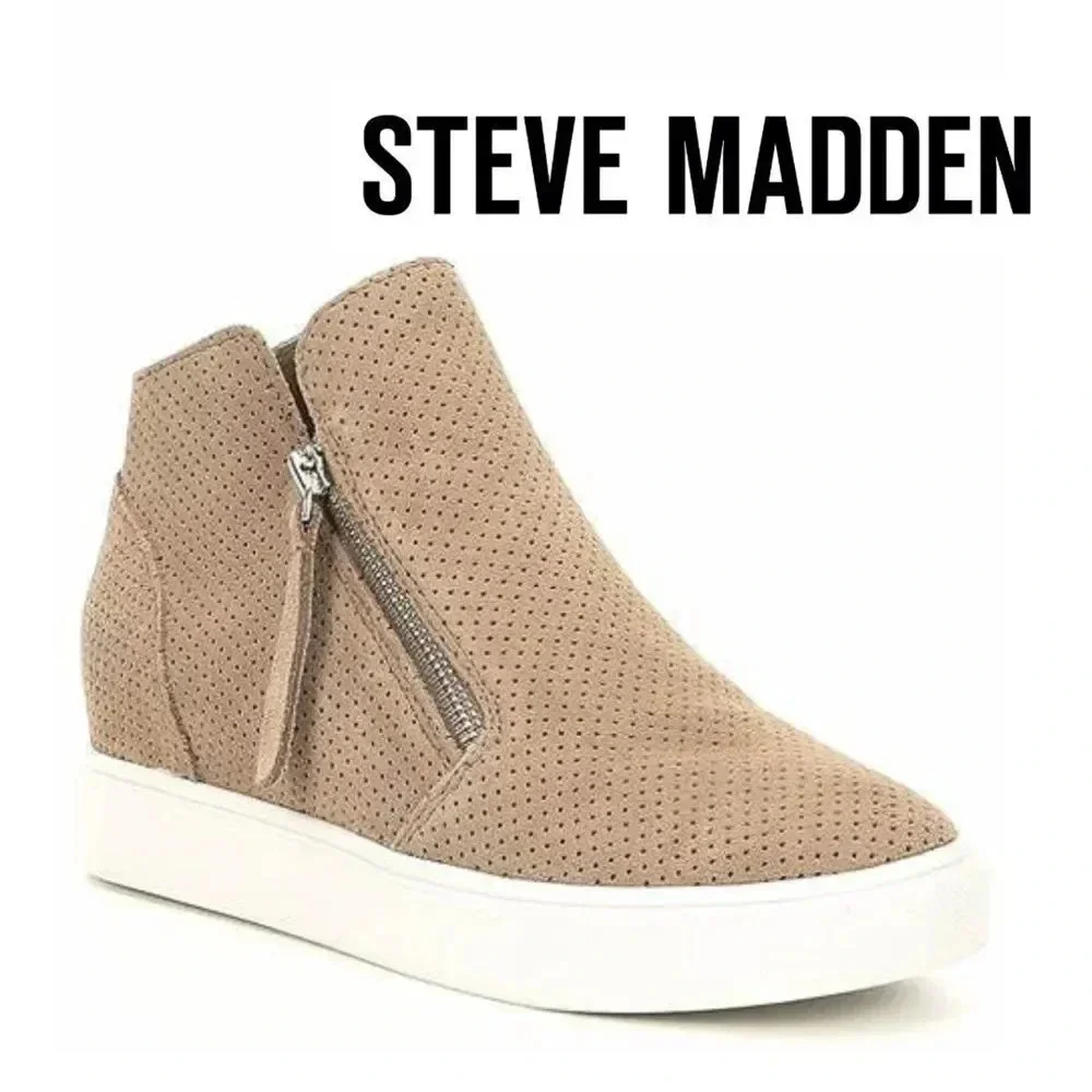Steve Madden, Caliber Perforated Suede Wedge Sneaker, Tan, Beige, White‎