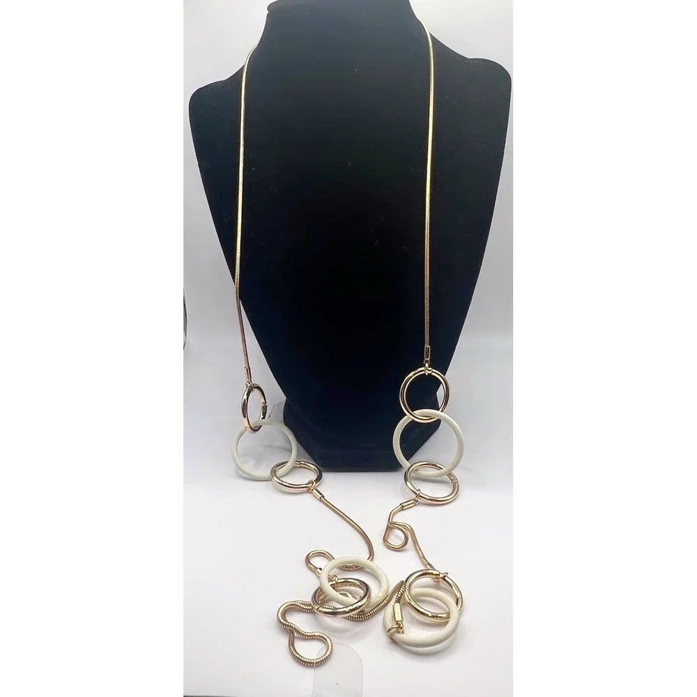 Alfani Gold Tone Long Necklace White Resin Rings 40