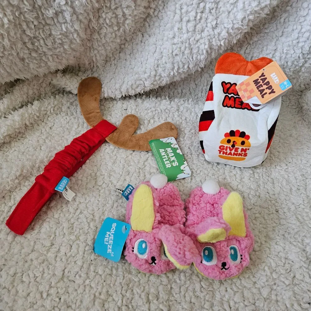 Bark Box Lot of Toys Yappy Meal, Grinch Max's Horn, and‎ Bunny Slippers NWT