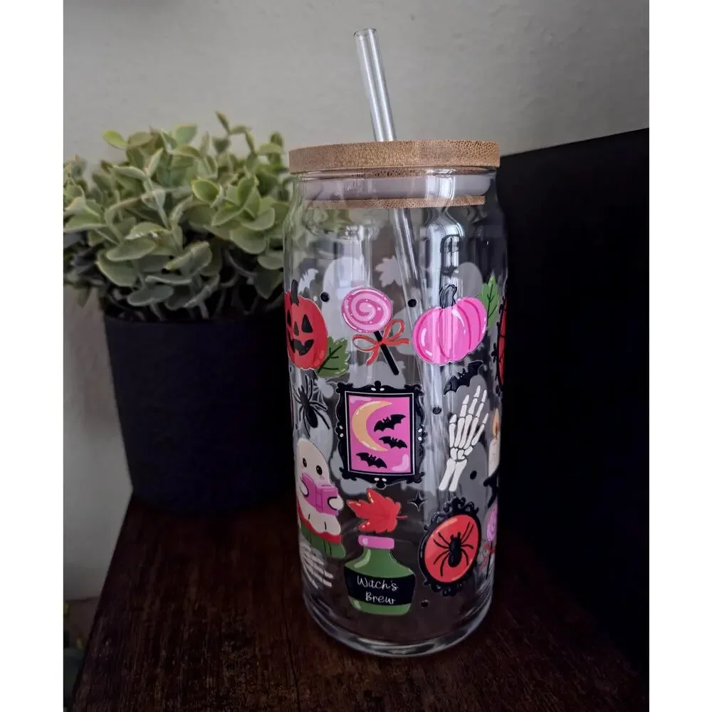 Gothic Spooky Reading Ghost Can Glass Cup Bamboo Lid Whimsical Autumnal