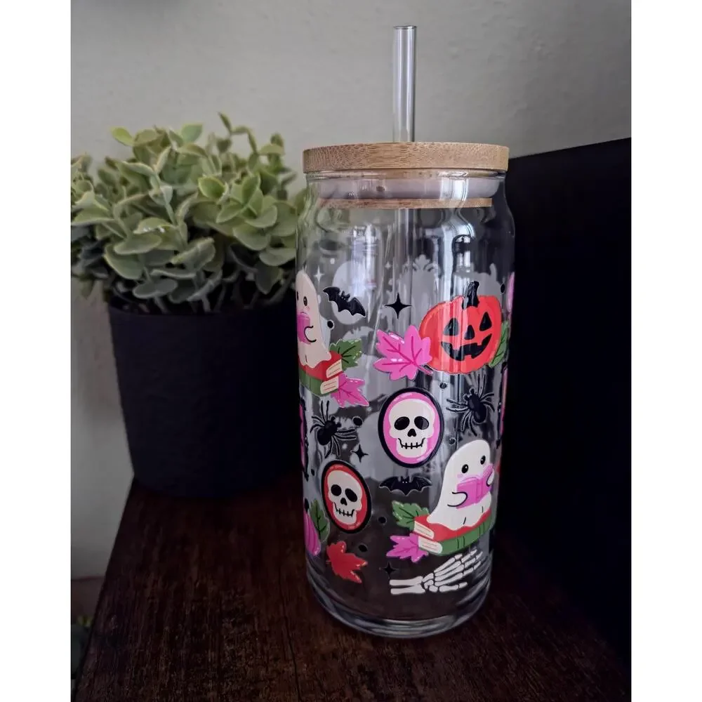 Gothic Spooky Reading Ghost Can Glass Cup Bamboo Lid Whimsical Autumnal