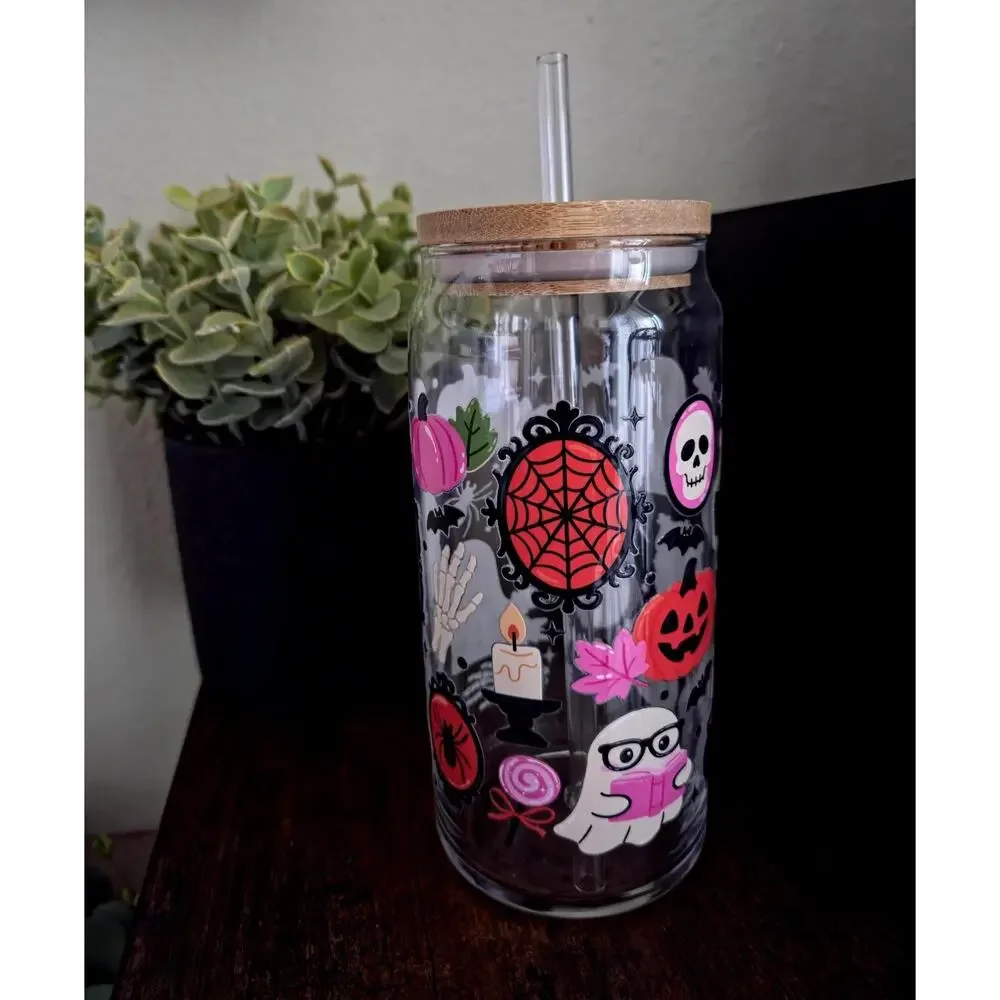 Gothic Spooky Reading Ghost Can Glass Cup Bamboo Lid Whimsical Autumnal
