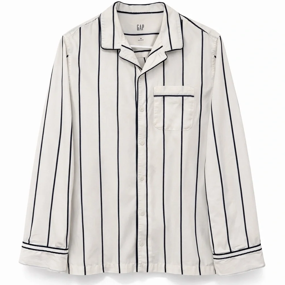 GAP Poplin Pajama Top M White Black Stripe Cotton Button Front Sleep Shirt